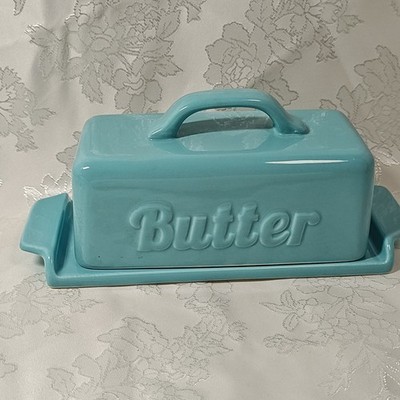 Dowan Blue Ceramic Rectangular Covered Butter Dish with Lid, Glossy, 7 Inch