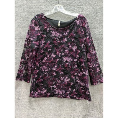 Gothic Floral Lace Top Womens Large Purple Black 3/4 Sleeve Lined Scoop Neck