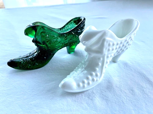 VTG Fenton Milk Glass Hobnail Cat Head and Daisy & Button High Heel Shoe Slipper