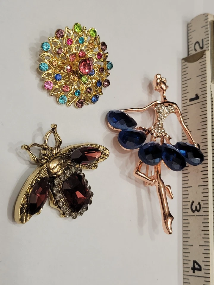 3pc Rhinestone Ballerina Dancer Flower Bee Insect Bug Brooch Pin Lapel Lot  E172 - Image 4 of 4