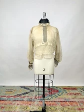 Antique Edwardian Cream & Black Net Lace Blouse Swiss Dot & Floral Design As IS