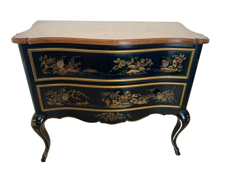 Mesita de noche Drexel Bomba Pecho Et Cetera Chinoiserie Francesa Asiática Laca Negra Foto 2 de 4