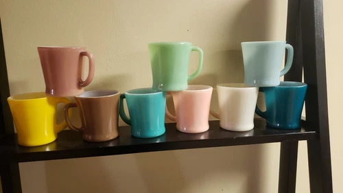 9 FIRE KING MUGS JADEITE, YELLOW, PINK, BLUE, ETC. D HANDLE MUGS