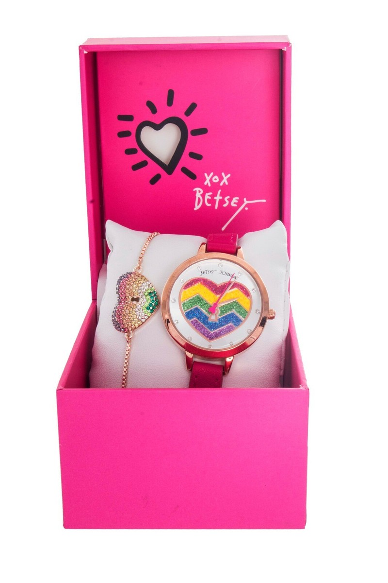 Betsey Johnson Pink Rainbow Heart Watch with Rainbow Heart Bracelet Betsey Johnson Gold Luxury Wristwatches for sale | eBay main image 2