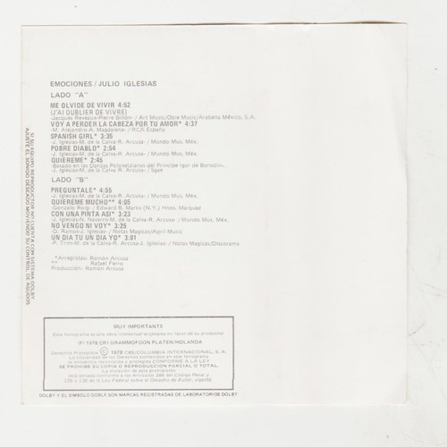 JULIO IGLESIAS MEXICAN CASSETTE 1978 EMOCIONES - Picture 5 of 5
