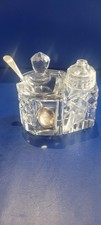 Sterling Silver Mustard Spoon With Salt And Mustard Jar Cut  Crystal