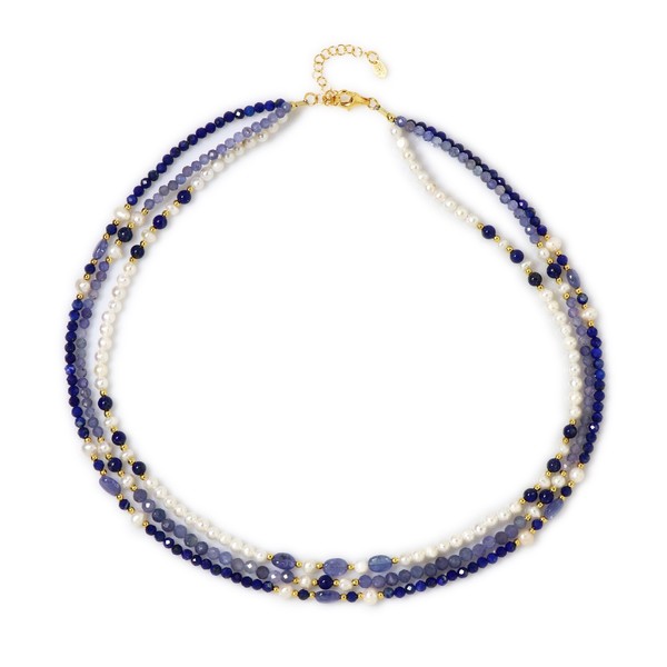 Halskette Aus Vergoldetem Silber Mit Tansanit, Lapislazuli Und Perlen-image