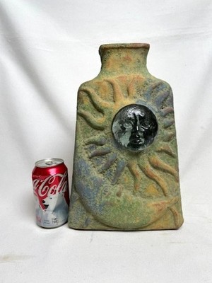 13  MCM Terracotta & Glass Sun & Moon Face Medallion Celestial Vase Pottery Mint