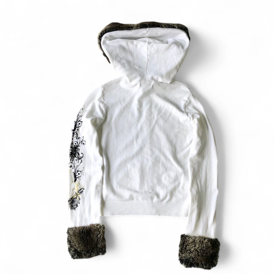 Vintage Y2K Baby Phat Women’s White Gold Hoodie Faux Fur Cuff Hood Size Large - Image 2 of 4