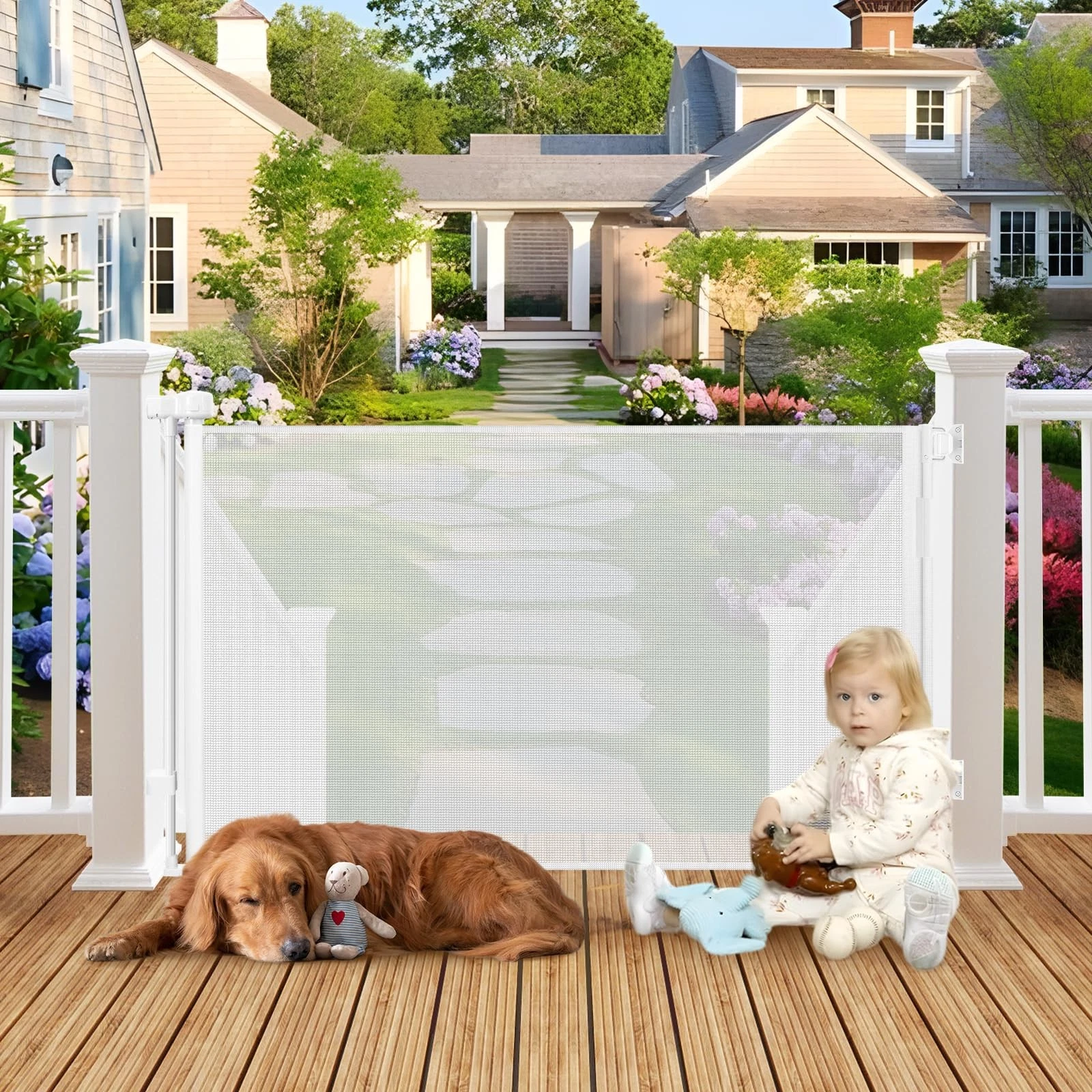 BETERTEK Weatherproof Outdoor Retractable Baby Gates, 55 Wide, White, PVC Me...