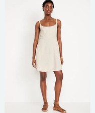Old Navy Fit & Flare Cami Mini Dress Linen Blend XL New Natural/Beige Color