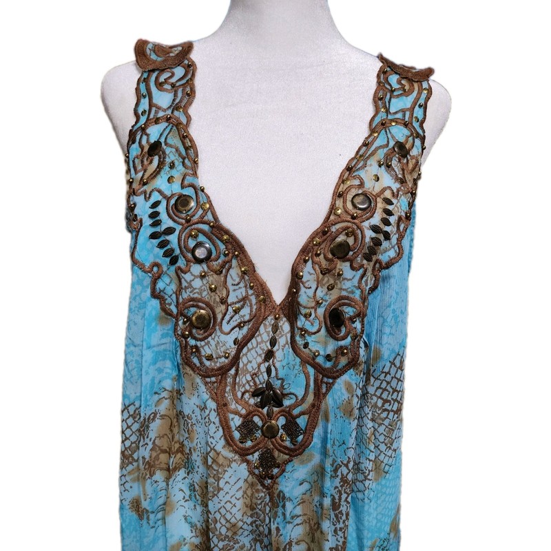 Mushka Sienna Rose Top Womens 1X Multicolor Boho Floral Beaded Sheer Tunic