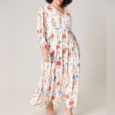 Sugar Lips Floral Maxi Dress Medium White Multi Excellent Tiered Boho V-Neck