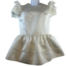 Poesia Ivory Satin Feather Sleeve Tiered Fit Flare Dress Special Occasion