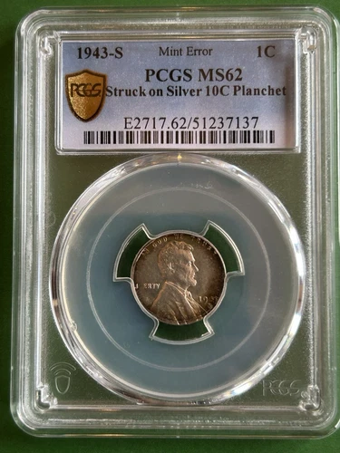 1943-S PCGS MS62 Lincoln Cent on SILVER Dime Planchet 🔴 Scarce 1C on 10C Error