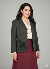 Vtg 90s John Meyer of Norwich Dark Green/Charcoal Beaded Floral Blazer Womens 14