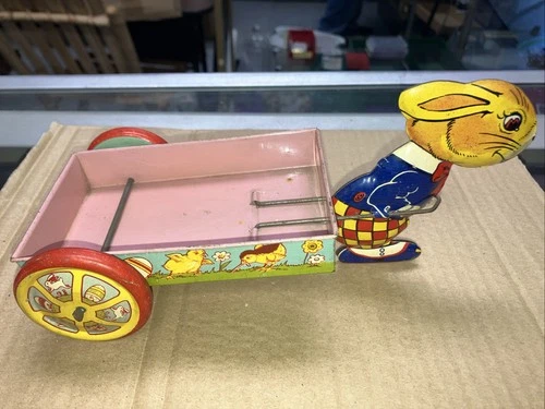 Vintage 1950's J Chein & Co. Easter Bunny Rabbit Pulling Cart Tin Litho Toy