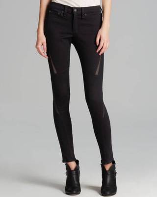 Rag Bone Blackout Black Labyrinth Leather Trim Legging Jeans