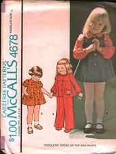 4678 Vintage McCalls SEWING Pattern Girls 1970s Toddlers Dress Top Pants 1/2 OOP