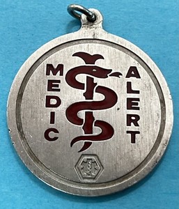Vintage MEDIC ALERT, Caduceus, Red Enamel, 1-1/4" Sterling Silver Pendant UNIQUE