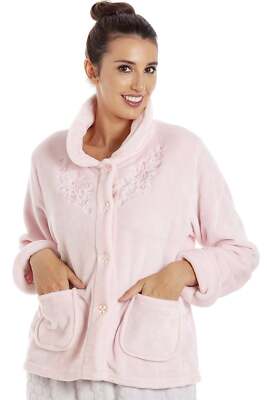 Camille Womens Pink Super Soft Cosy Comfy Button Up Bed Jacket with Pockets 