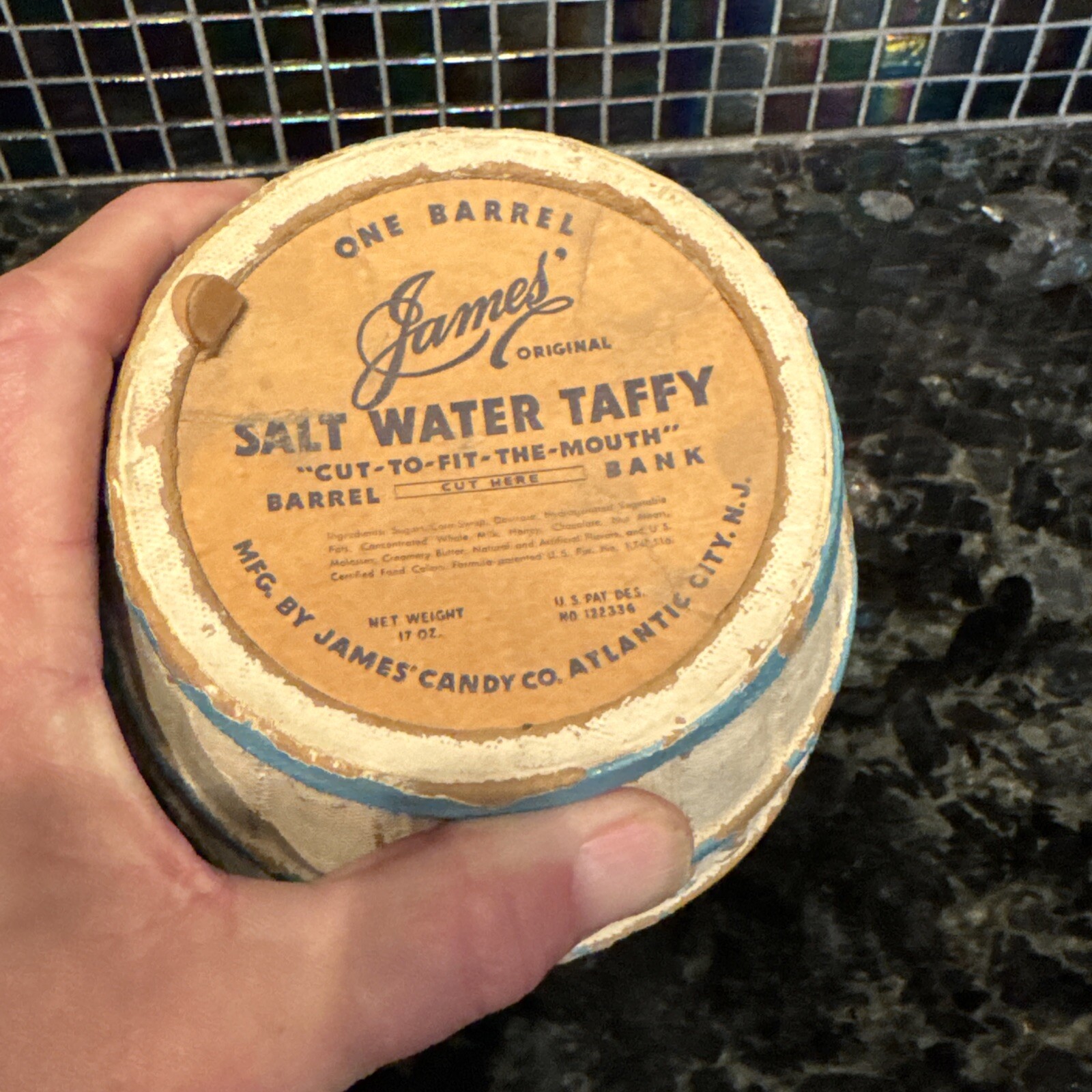 JAMES CANDY SALT WATER TAFFY BARREL BANK VNTG PAPER MACHE  7” ATLANTIC CITY USA