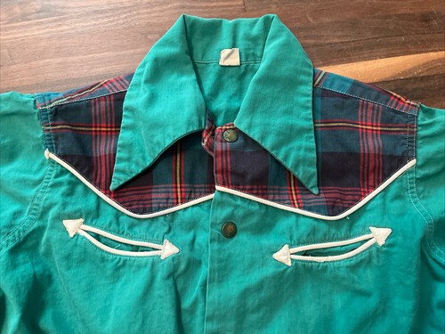 Vintage 1950’s Deluxe Little Boys Western Shirt With Snaps Green With Plaid Sz 8 - Picture 3 of 7