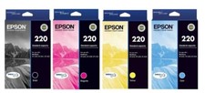 Set 4 Genuine FACTORY SEALED Epson 220 Blk Cyn Yel Inkjet Cartridges 2027