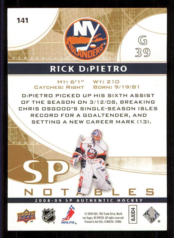 2008-09 SP Authentic Limited #141 Rick DiPietro N /100 - Image 2 of 2