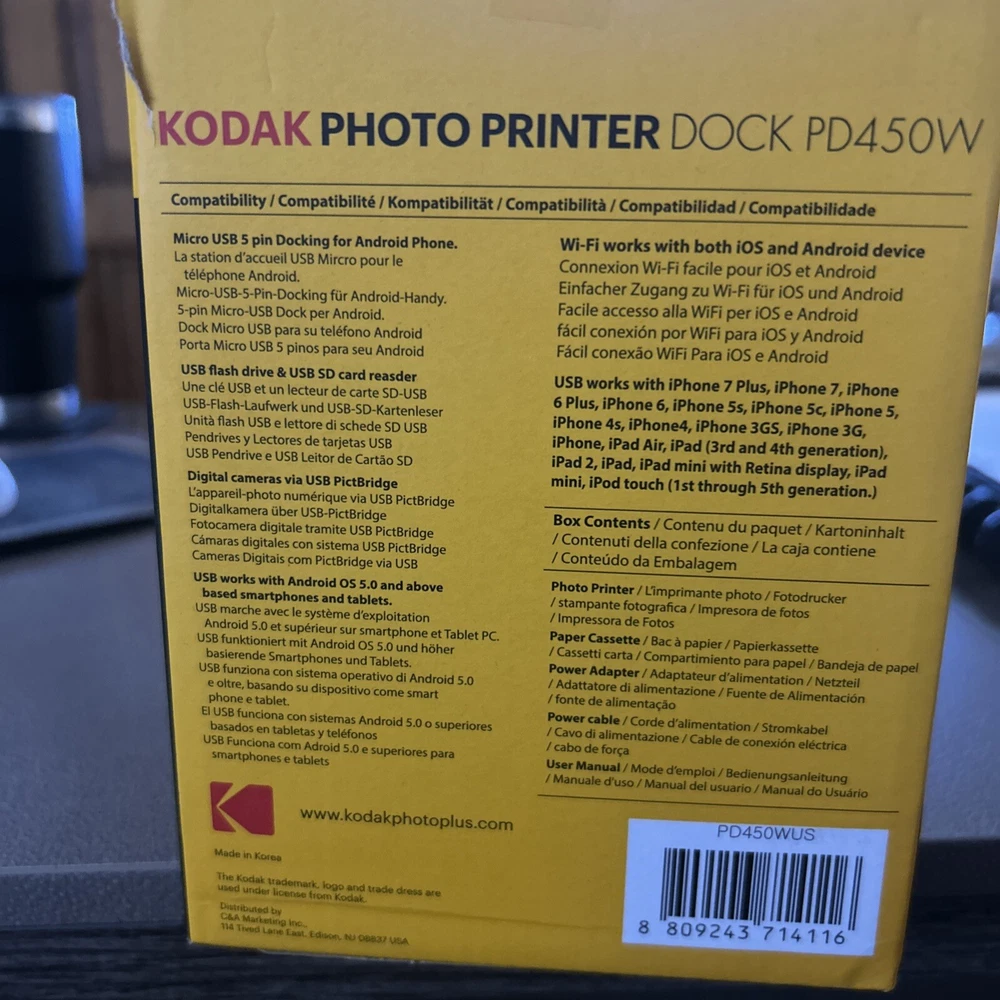 Kodak Photo Printer Dock PD450W WiFi Smartphone Photography Micro USB