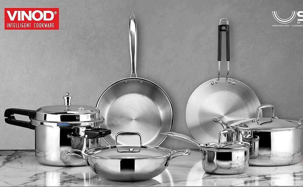 VINOD Platinum Triply Stainless Steel Saucepan Frypan Pressure
