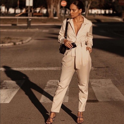 Nuevo Con Etiquetas Zara Woman Crema Natural Con Cinturón Mono Larga cuello  en V Talla L #7142 | eBay