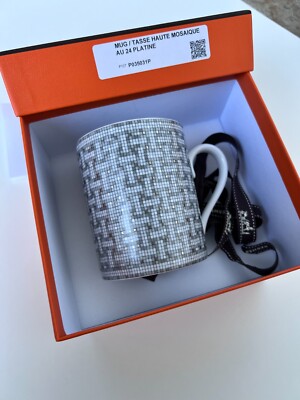 HERMES Mug Cup Mosaique Au 24 Gold Plantinum Authentic Item Coffee Tea with box