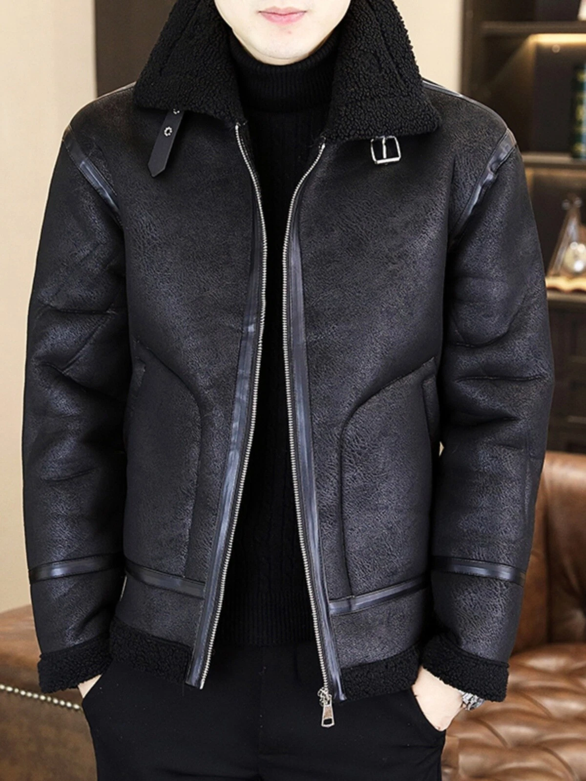 Winter Lamb Fur All-in-one Jacket Men's Fur Winter Clothing Warm Casual Leather - Picture 4 of 22