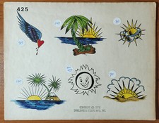 ORIGINAL Vintage 1976 Spaulding Rogers Shop Used Tattoo Flash Sheet Hand Color