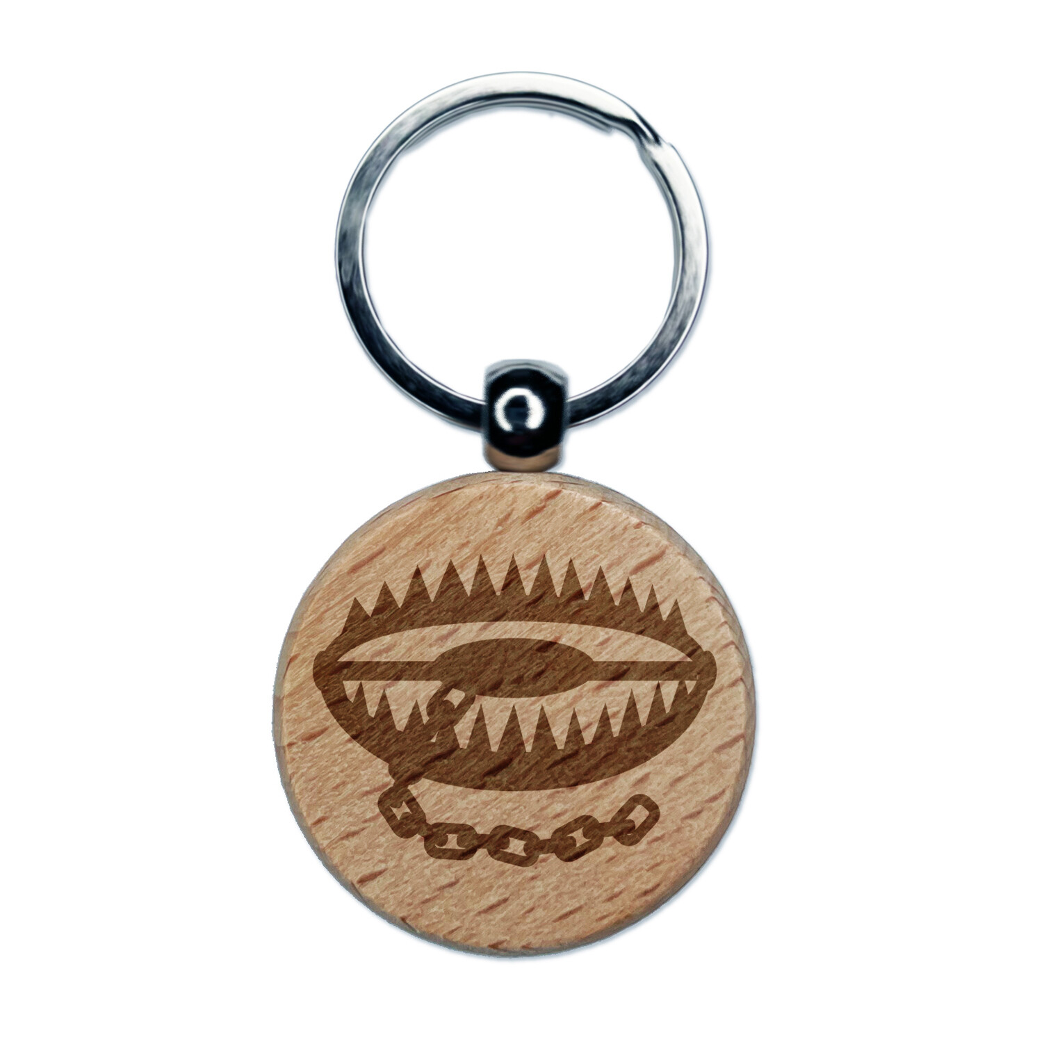 Deadly Bear Trap Engraved Wood Round Keychain Tag Charm