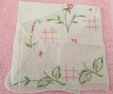 Vintage Hanky White PINK Pretty FLORAL Appliques & Embroidery Semi-sheer LOVELY!