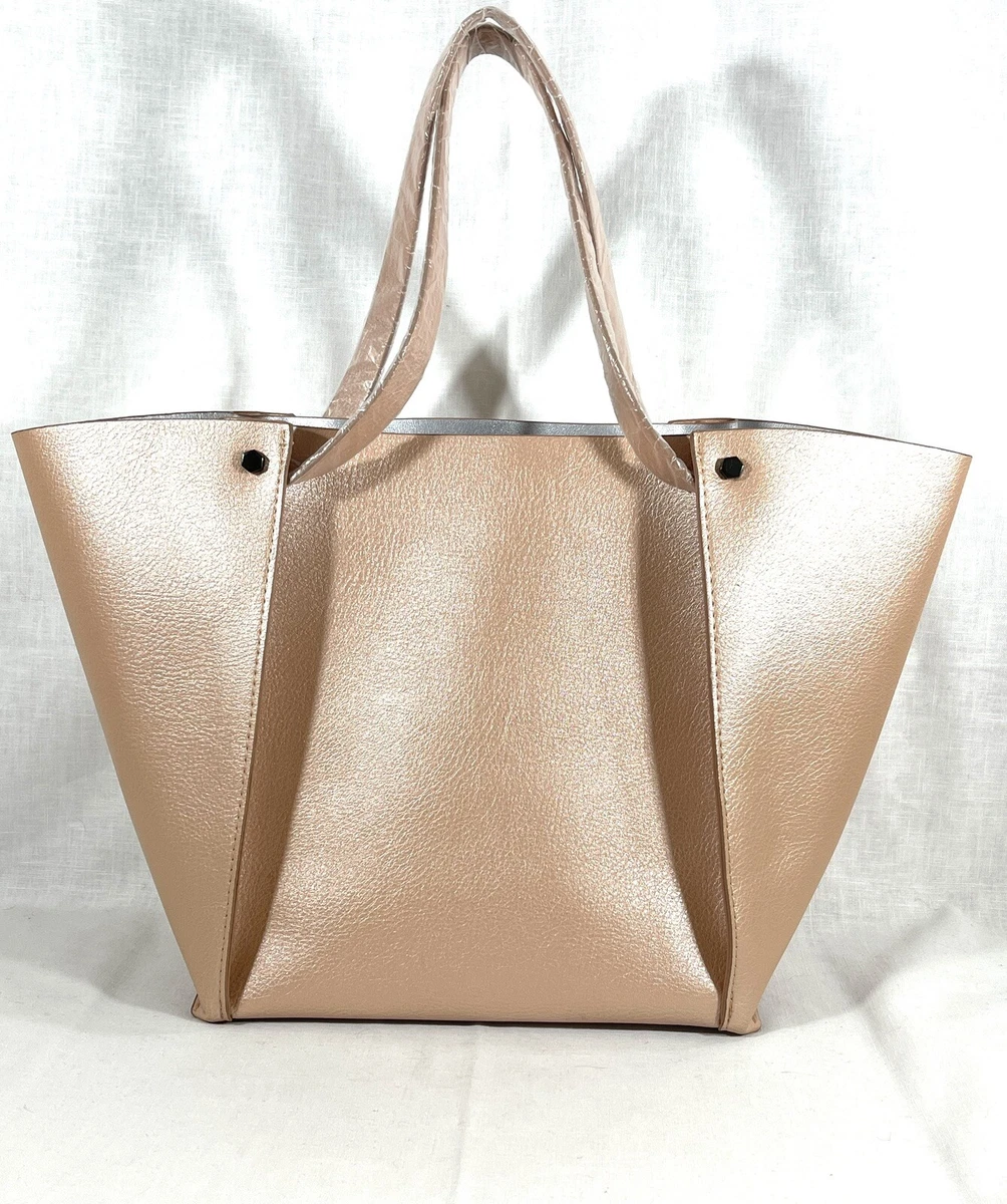 New Neiman Marcus Rose Gold Faux Leather Tote Bag Shoulder Bag