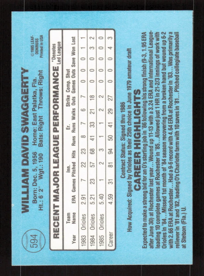 1986 Donruss #594 Bill Swaggerty Baltimore Orioles - Image 2 of 2