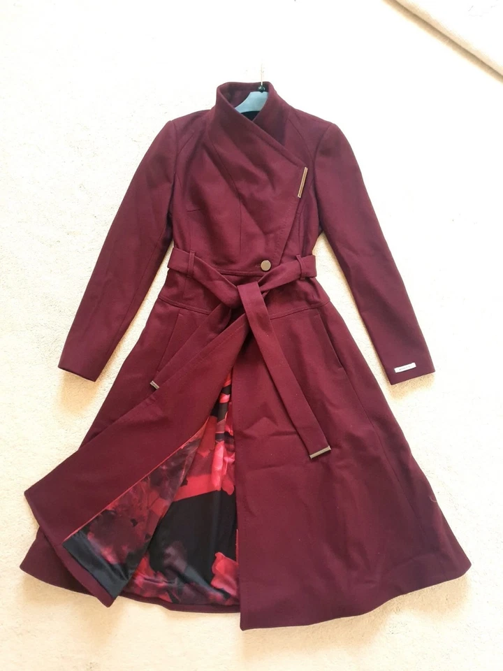 New Ted Baker Roseika Dark Red Skirted Wool Belted Wrap Coat Size TB 0 UK 6 £325 - Image 2 of 4