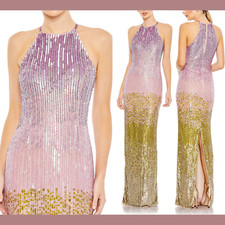 NWT $598 Mac Duggal [ 10 ] Ombre Sequin Halter Neck Column Gown Purple Gold Q719