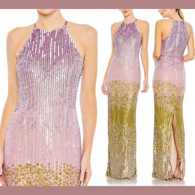 NWT $598 Mac Duggal [ 10 ] Ombre Sequin Halter Neck Column Gown Purple Gold Q719