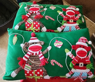2 Pier 1 Sock Monkey Velveteen and Applique Christmas pillows 20x12 Green Red