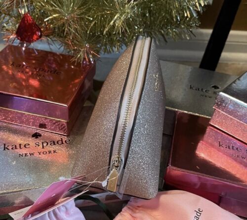 Kate Spade Shimmy Glitter Cosmetic Makeup Bag Sparkling Rose Gold NWT - Picture 2 of 4