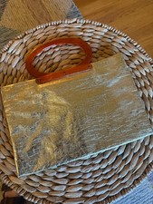 Vintage 60s Mod Shiny Gold Tote Purse Folding Handbag Tortoise Lucite Hand