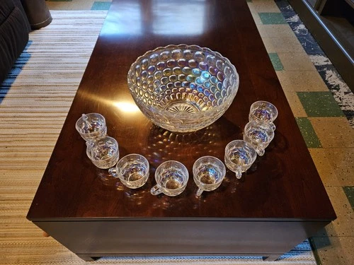 Vintage Federal Glass Iridescent Rainbow Thumbprint Punch Bowl With 8 Cups