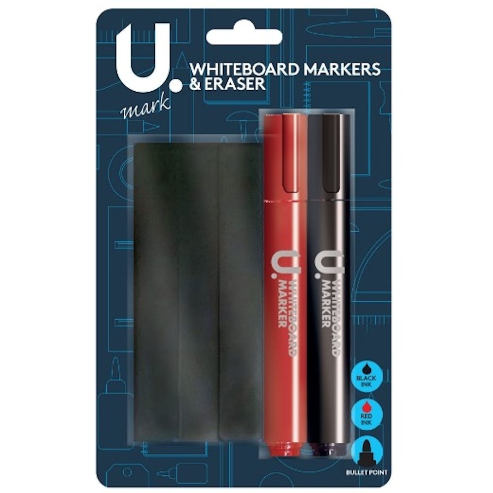 Whiteboard Marker Pens 2 Pack With Eraser Dry Wipe Board Office School