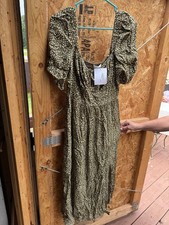A New Day Olive Polka Dot Puff Sleeve Ruched Midi Dress Square Neck XL