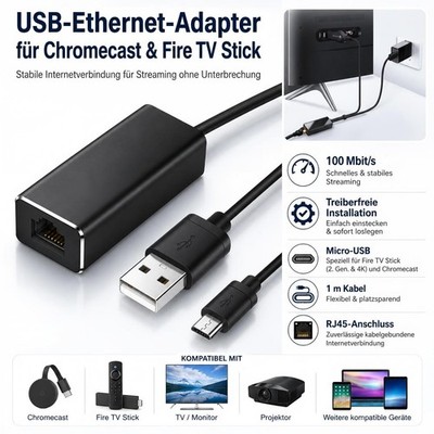 Micro USB Ethernet Adapter für Fire TV Stick Chromecast RJ45 LAN Netzwerk 100Mbp
