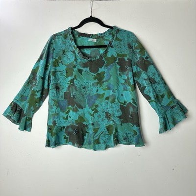 Click Color Me Cotton Blouse Top Green Floral 3/4 Flare Sleeve Ruffle Art Boho S